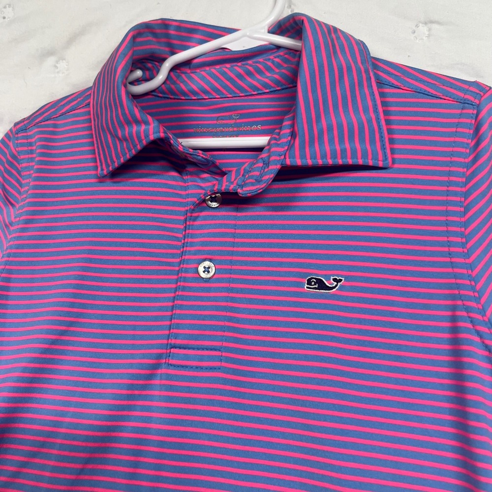 Vineyard Vines Sankaty Performance Polo Boys 6 Blue Pink Striped Whale Logo